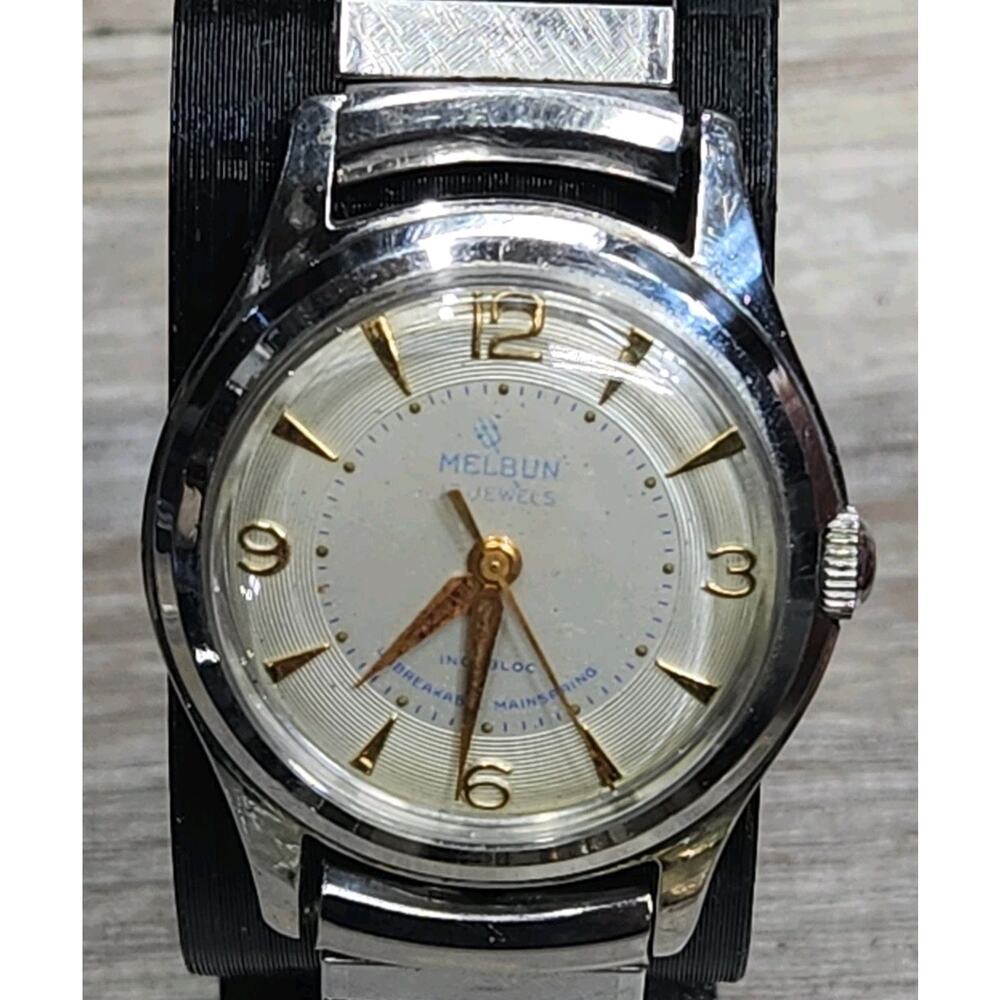 Vintage Melbun Incabloc Watch Mens 17 Jewels White Dial Military 1950s, Working